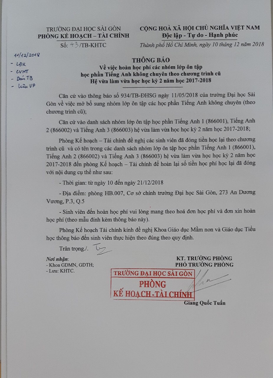 TB hoan hoc phi nhom lop on tap TA cu he VLVH HK2 17 18